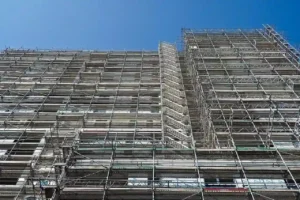 West Covina Scaffolding Rental high-rise exterior scaffold system covering a large building